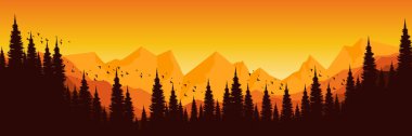 Turuncu günbatımı ve ormanı olan bir dağın silueti..