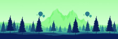 Arkaplanda dağlar olan yeşil ormanın vektör çizimi.