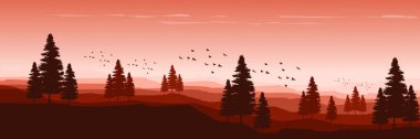 Orman manzarası, ağaçlar ve sabahları dağlar, soyut vektör çizimi