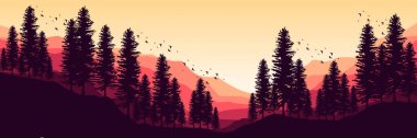 Dağlar ve ağaçların siluetleriyle güzel manzaranın vektör çizimi