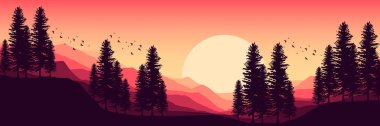 Ağaçlı ormanda güzel bir günbatımının vektör çizimi, arka planda dağlar..