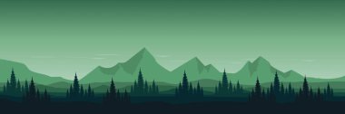Dağların ve ormanın güzel manzarası. Gece gökyüzü ve tepeler. vektör illüstrasyonu.
