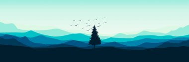 Dağ manzarasında çam ağacının vektör silueti.