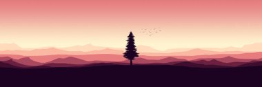 Arka planda dağ olan çam ağacının silueti