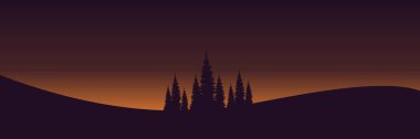 Ağaçlı dağların silueti ve arka planda güzel bir günbatımı. tasarım için vektör illüstrasyonu.