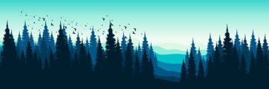 Arka planda dağlar ve ağaçlar olan ormanın vektör çizimi.