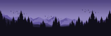 Dağlardaki ağaçların silueti mor arkaplanlı