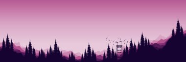 Mor arka plan, orman ve ağaç silueti silueti. vektör illüstrasyonu.