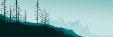 Soyut dağlar ağaç siluetleriyle kaplı. vektör illüstrasyonu