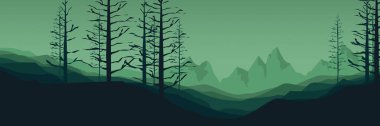 Ormanda vektör manzarası, önplanda orman ve dağlar var..