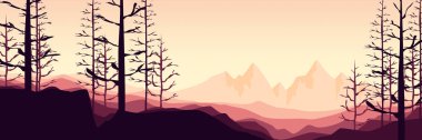 Ağaçların siluetleriyle dağlardaki soyut manzara. gün batımı arkaplanı, soyut vektör illüstrasyonu