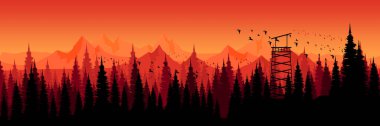 soyut siluet dağlarda kırmızı ve turuncu renkli ağaçlar, vektör illüstrasyonu