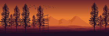 Dağlı, tepeli ve ormanlı güzel bir günbatımının vektör çizimi
