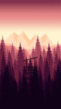 Orman ve tahta direklerle dağların vektör çizimi.