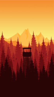 Ağaçlarla, çam ormanlarıyla, dağlarla, nehirlerle ve dağlarla kaplı bir dağ manzarası. vektör illüstrasyonu