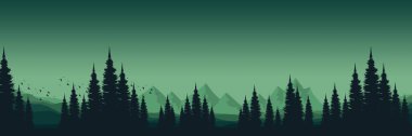 Koyu yeşil orman manzarası ve ağaç siluetleri