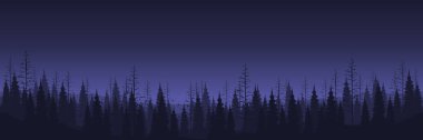 Ağaçları ve çalıları siluetleri olan koyu mavi bir orman. vektör illüstrasyonu.