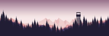 Vektör çizimi. Soyut manzara. Dağlardaki orman