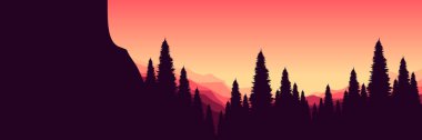 Arka planda gün batımında ormandaki ağaçlarla vektör çizimi