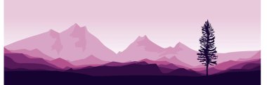Mor çiçekli çam ve dağların manzarası vektör çizimi