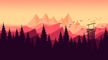 Vektör dağ manzarası. Önünde ağaçlar olan dağlar, dağ tepeleri, çam ağaçları ve gün batımında gökyüzünde dağlar.