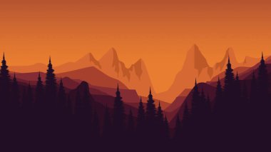 Karanlık dağlar ağaç siluetleriyle kaplı. vektör illüstrasyonu