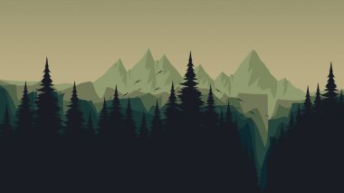 Arkasında dağlar olan karanlık bir orman.