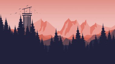 Soyut dağlar ve çam ağaçları olan orman