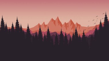 Dağlarda bir orman ve ağaçların siluetleriyle manzaranın vektör çizimi.