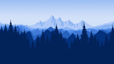 Karlı kış dağları ve vektörlü köknar ağaçları