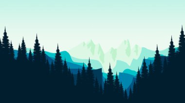 Orman manzarası, dağlar, orman ve ağaçlar. vektör illüstrasyonu