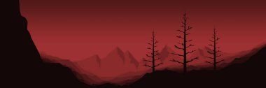 Koyu kırmızı orman manzarası ve ağaç siluetleri. vektör illüstrasyonu.