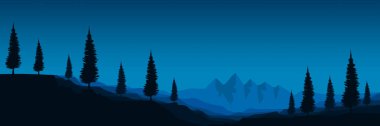 Dağlardaki orman. Gece manzarası. Tasarımın için soyut bir arkaplan. resimleme.