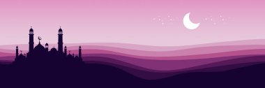 Ramazan Kareem, cami silueti ve ay arka planı. İslami din kartı. vektör illüstrasyonu