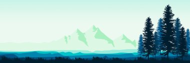 Orman manzarası, çam ağaçları, vektör illüstrasyonu. Çam ağaçları mavi ve yeşil renklidir..