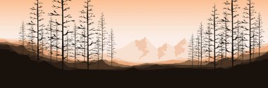 Ağaçlı, günbatımlı ve dağlı bir dağ manzarasının silueti, soyut arkaplan, renk vektörü çizimi