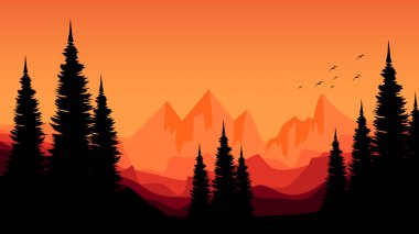 Dağların vektör manzarası, ormandaki ağaçlar.