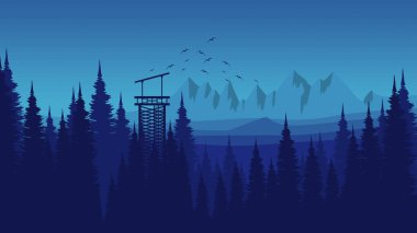 Dağlarda mavi gökyüzü olan bir orman. vektör illüstrasyonu.