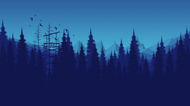 Çam ağacı ormanının silueti ve ay vektör çizimi 10 birim.