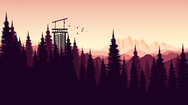 Çam ağacı ve çam ormanı olan dağ manzarası.