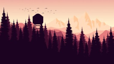 Dağlı ve ormanlı soyut bir manzara. Poster, kart, baskı, kapak, duvar kağıdı için sanat arkaplanı. vektör illüstrasyonu.