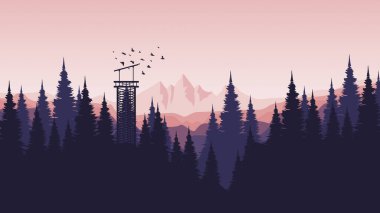 Dağlı ve ağaçlı vektör manzarası