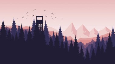 Orman ve çam ağaçları vektör tasarımlı dağ manzarası