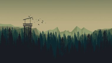 Karanlık manzara, dağlar, çam ağaçları, kuşlar, tepeler, sis, sis.