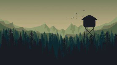 Dağ manzaralı, ormandaki bir evin resmi.