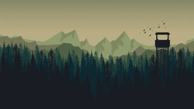 Vektör çizimi. Bir dağ ve bir ağaç ile manzara.