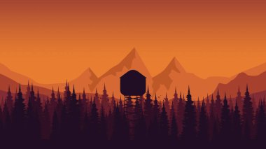 Dağları ve ormanı olan bir evin çizimi