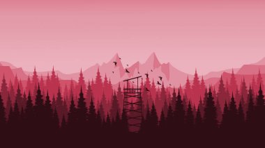 Ağaçlı, ormanlı, tepeli ve dağlı dağ manzarasının vektör çizimi