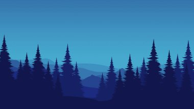 Dağların vektör illüstrasyonuyla siluet çam ormanı