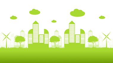Yeşil ağaçları, otları, vektör illüstrasyonları olan çevre dostu şehir